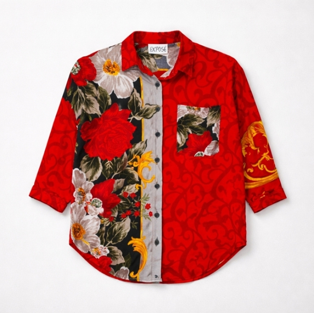 Vintage 80s Expose Button Up Floral Graphic Print Shirt Size Small